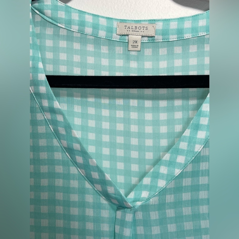 NWOT Talbots Sheer Aqua White Gingham Blouse‎ Size 2X - Picture 4 of 7
